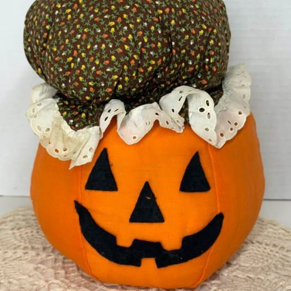 Vintage Handmade Plush Jack-O-Lantern Pumpkin with Bonnet